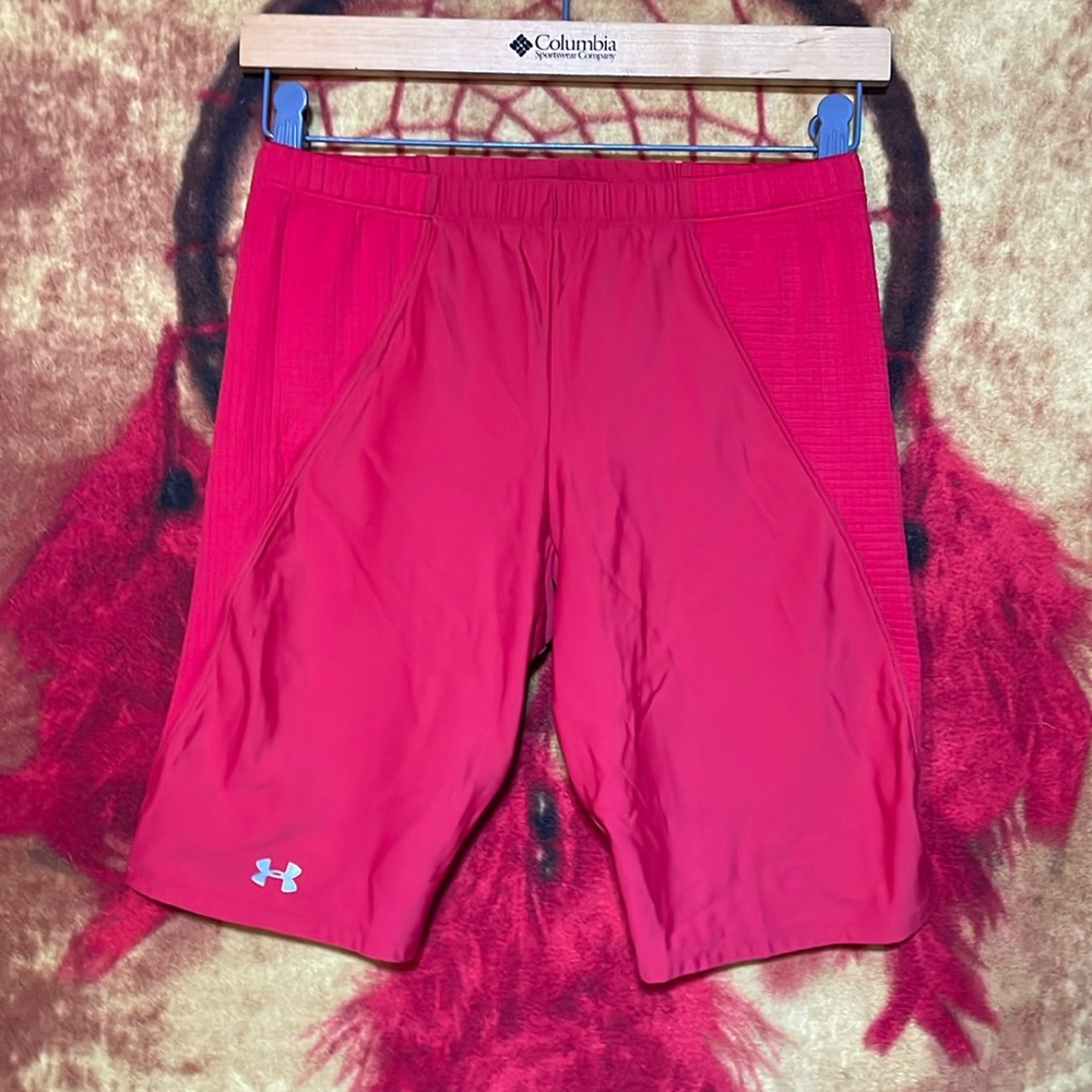 UNDER ARMOUR-youth red nylon blend stretch-waistband long compression shorts
